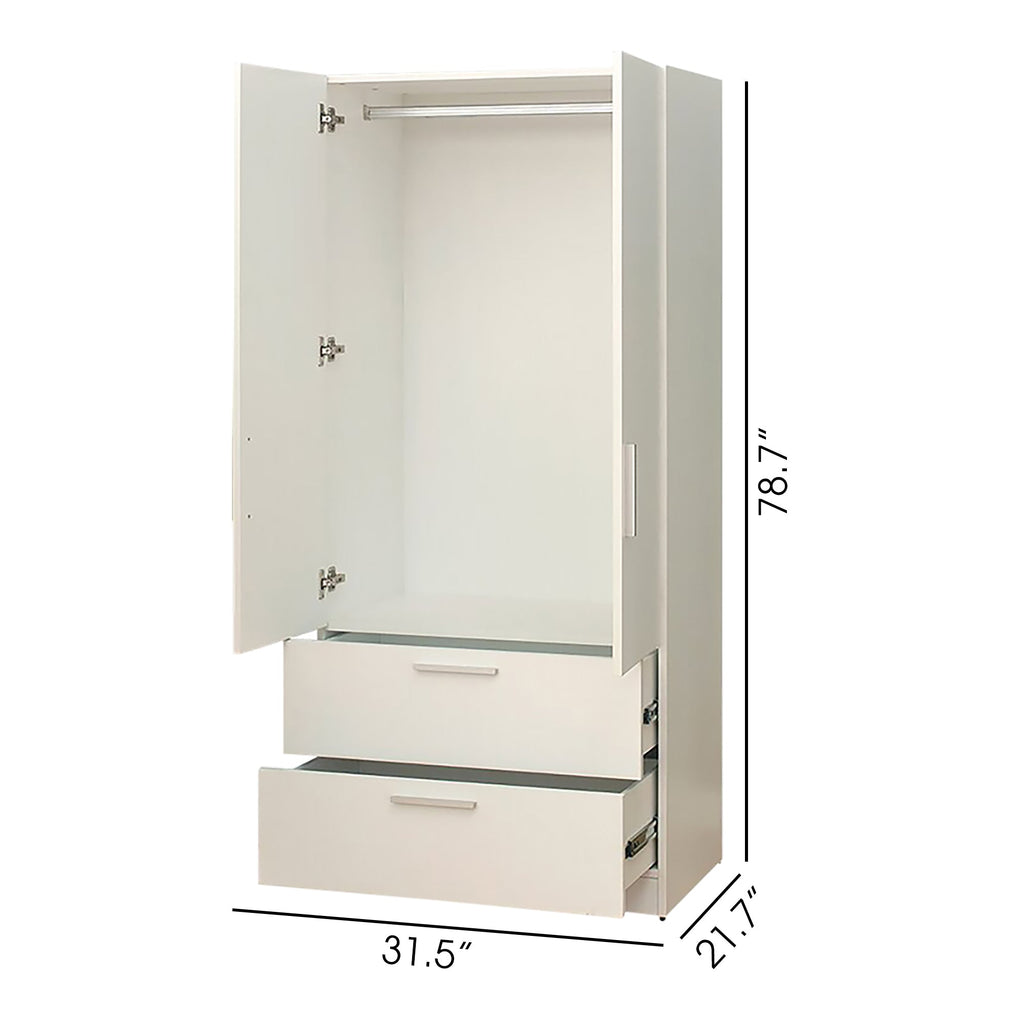 Emma Two-Door Wood Closet with Drawers and Hanging Bars - Solid Wood