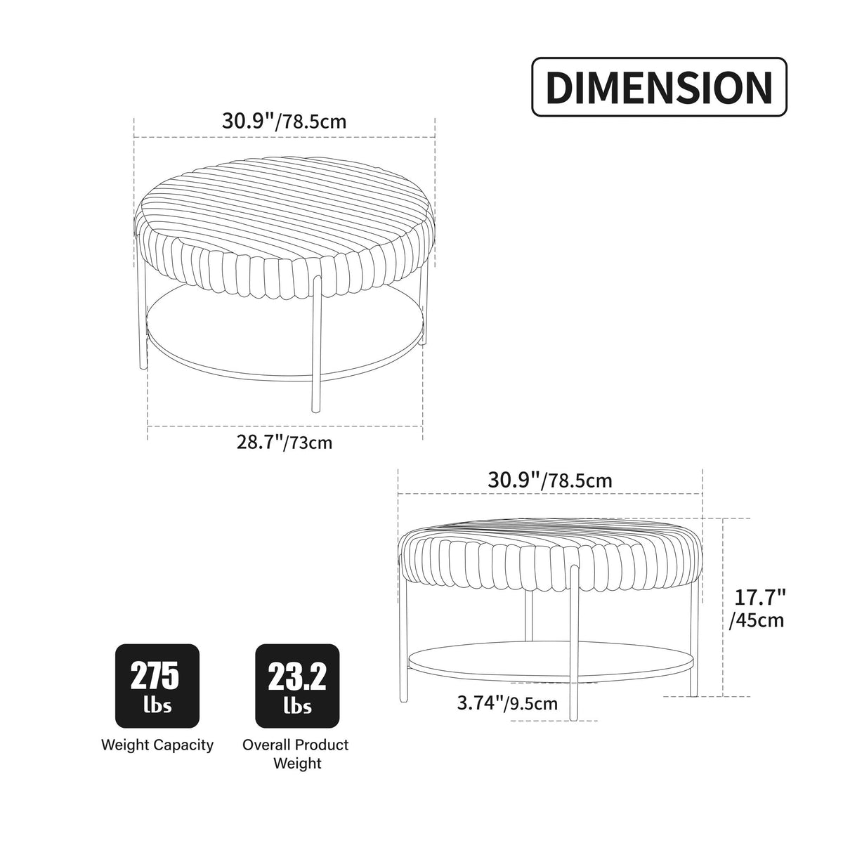 Modern Upholstered Round Ottoman Coffee Table with Storage Shelf - Fabric