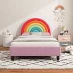 Rainbow Design Twin Upholstered Bed with Sturdy Wood Slats - Pink