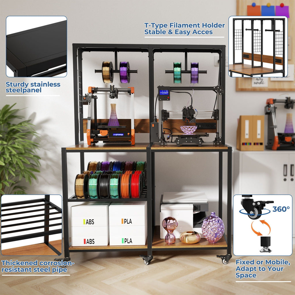 Double 3D Printer Stand with Filament Storage and Lockable Wheels - Black