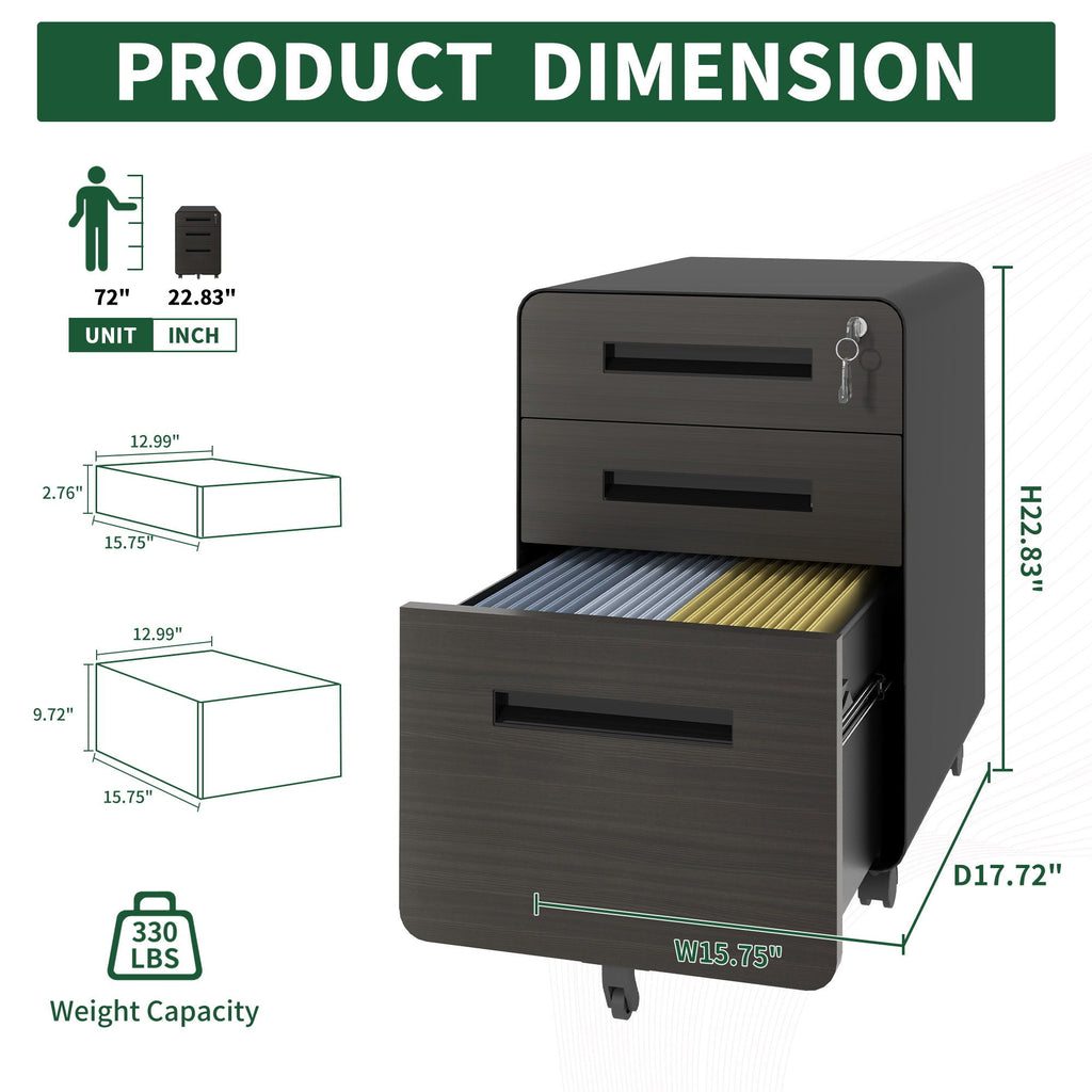 3-Drawer Mobile File Cabinet with Lock and Casters - Black or White