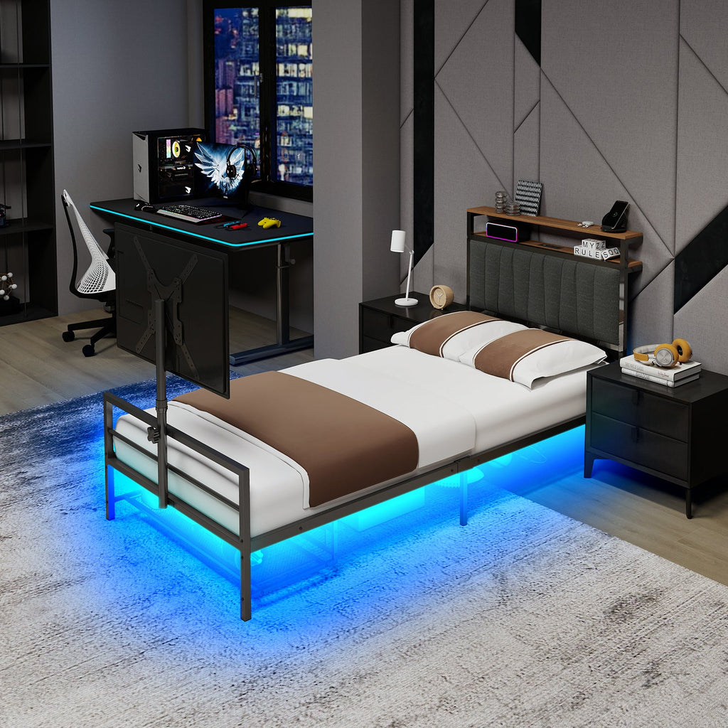 Twin Size Gaming Bed With Rotating TV Mount And LED Lighting