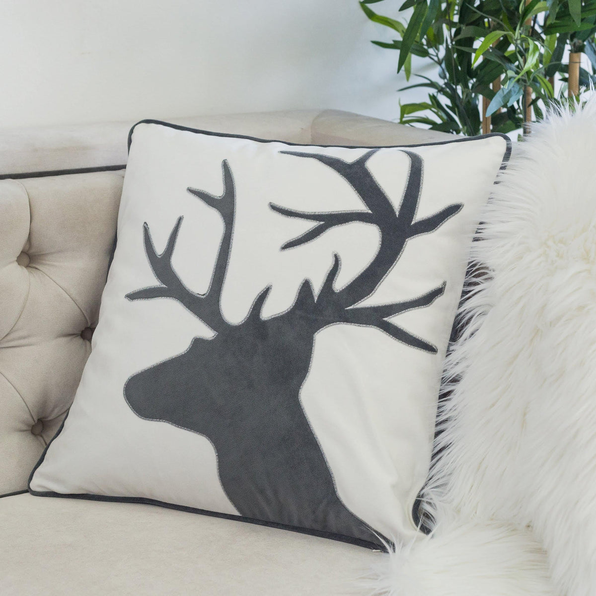 Holiday Reindeer Velvet Accent Pillow with Insert - White and Gray