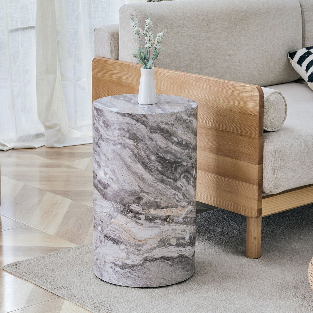 Gray Marble Textured Cylindrical Coffee Table with Stone Look - Gray
