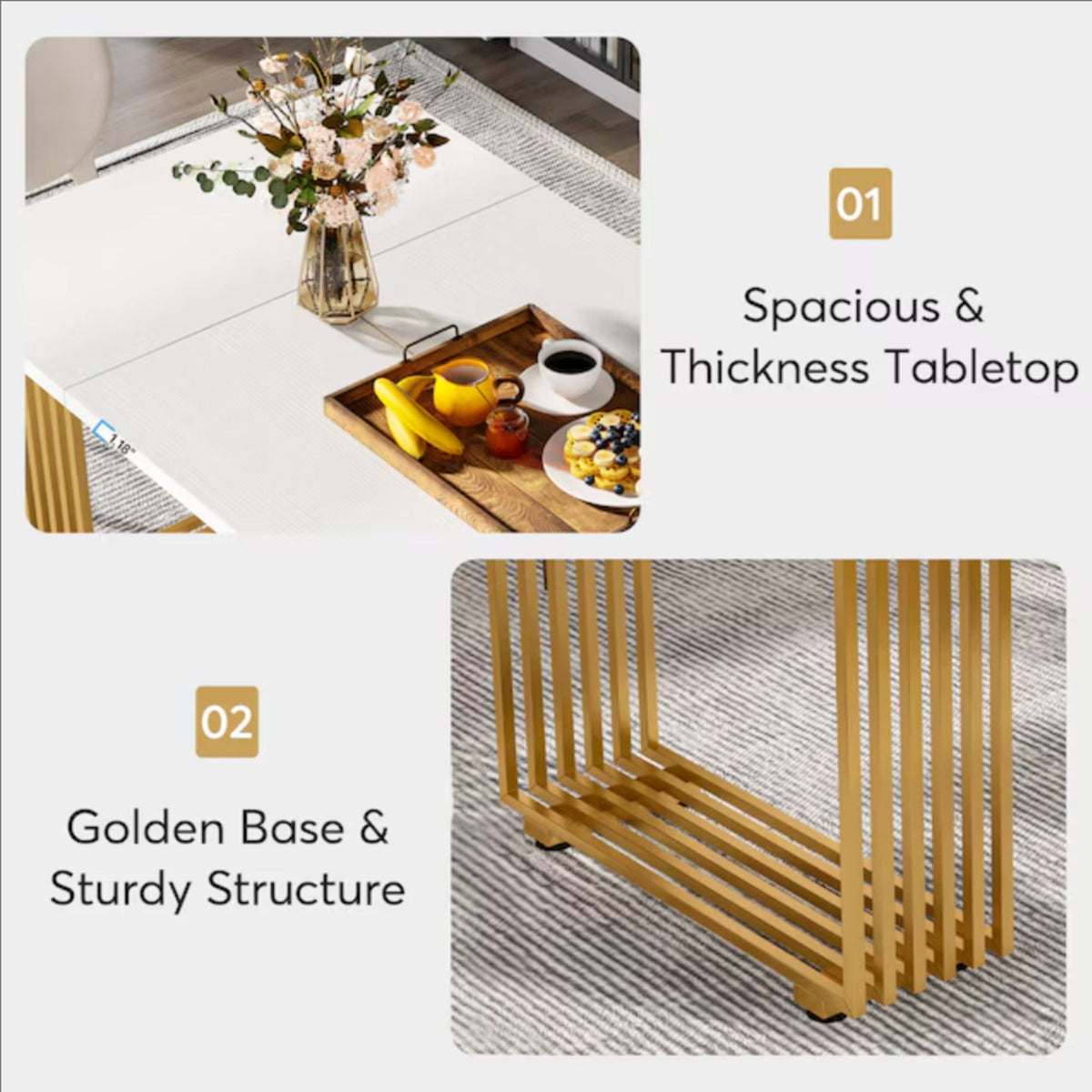 White Executive Desk with Gold Metal Legs - 70.87" Wide