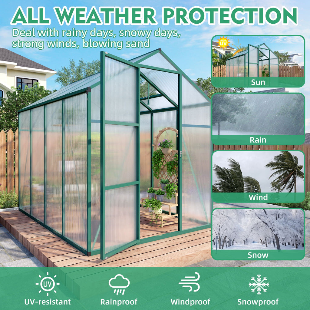 Polycarbonate Walk-In Greenhouse with Raised Base - Green