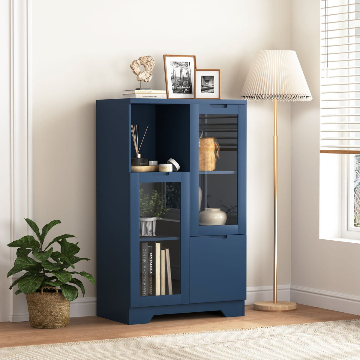 Modern Cabinet with Glass Doors and Drawer - Adjustable Shelves - Multiple Colors