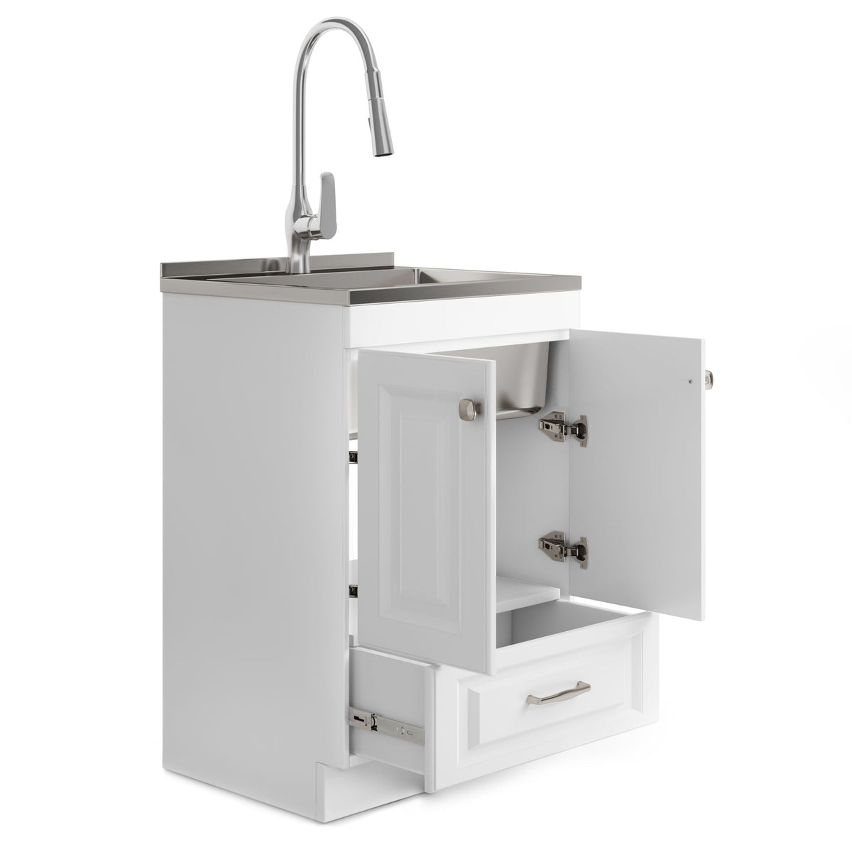 White Laundry Cabinet with Stainless Steel Sink and Pull-Out Faucet