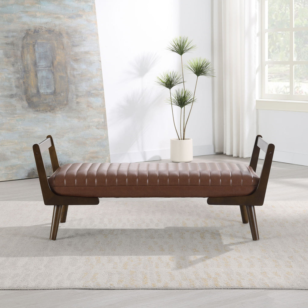 Mid-Century Bench with Wood Legs - Upholstered Seating - Beige or Dark Brown