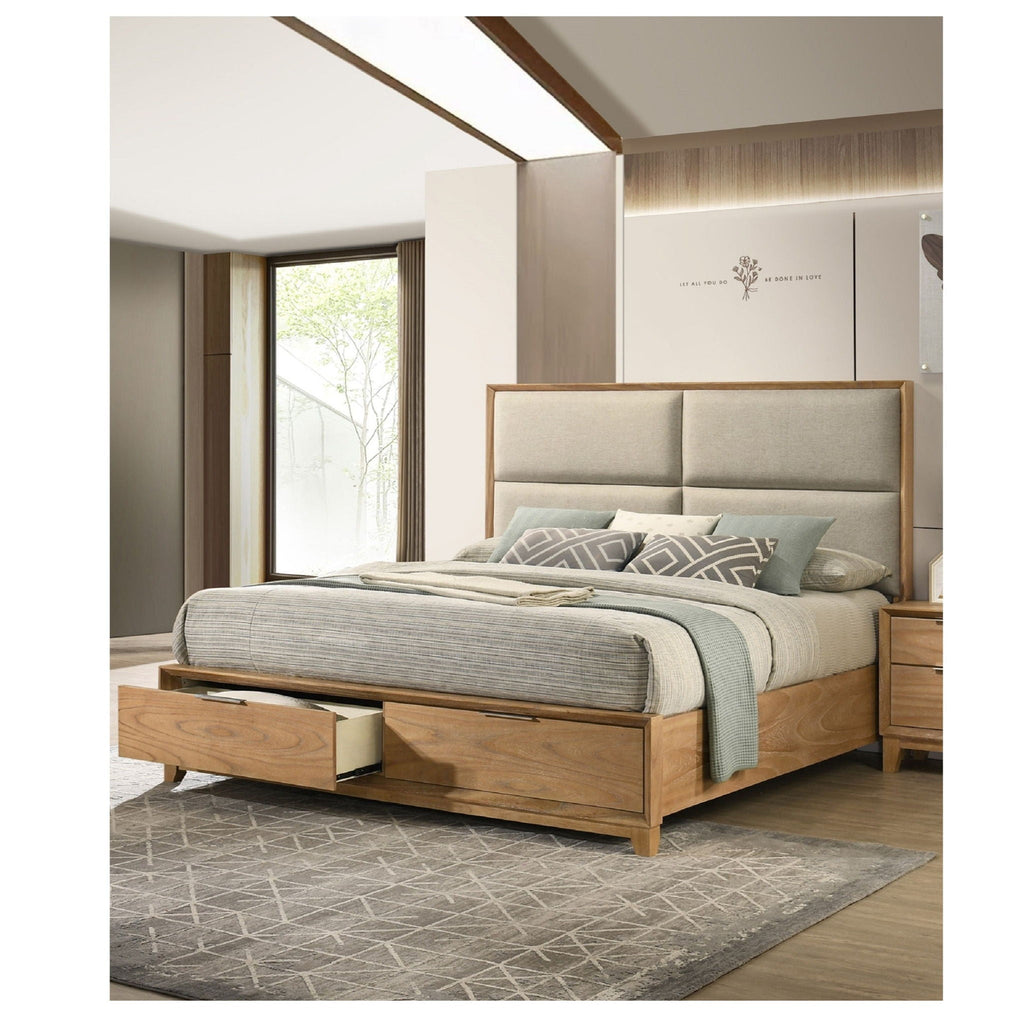 Contemporary Storage Platform Bed with Ultra Plush Headboard - Light Brown