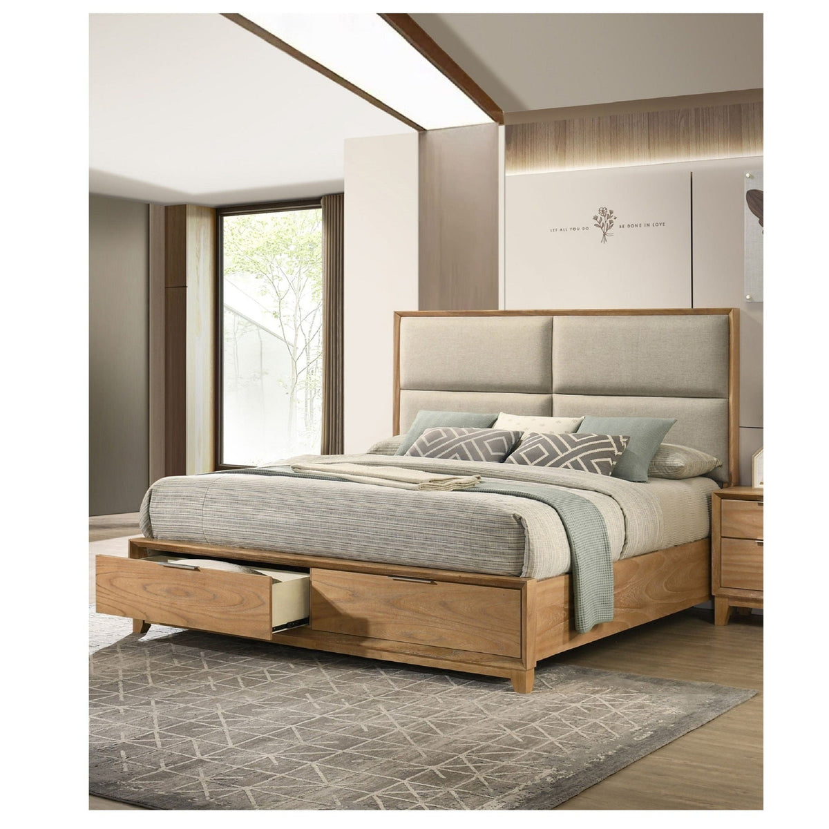Contemporary Storage Platform Bed with Ultra Plush Headboard - Light Brown
