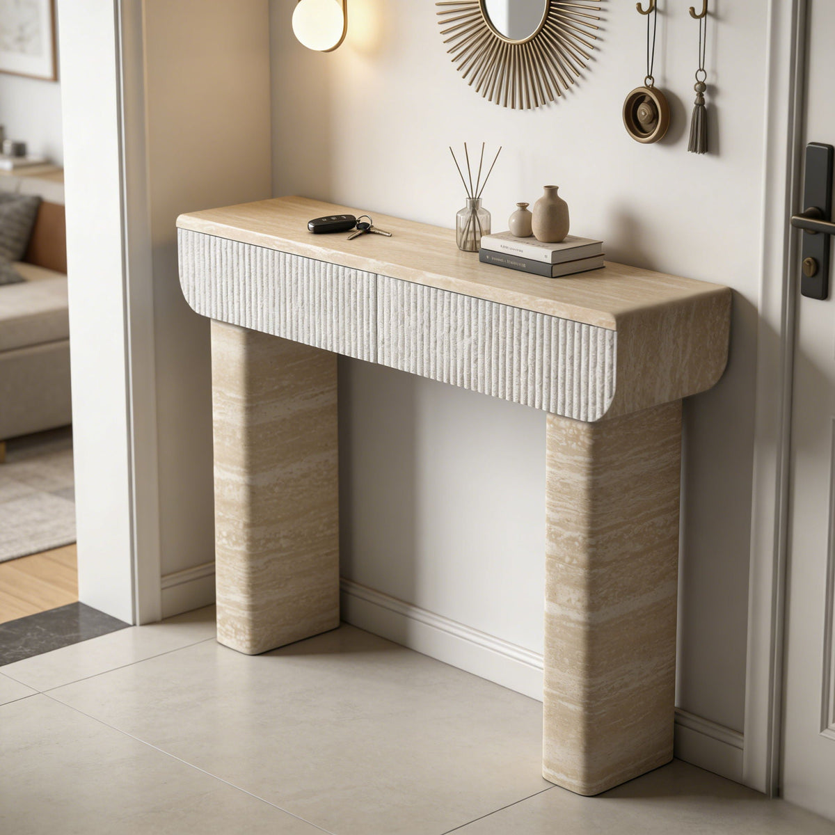 Entryway Table with 2 Hidden Handle Drawers – Beige / Yellow
