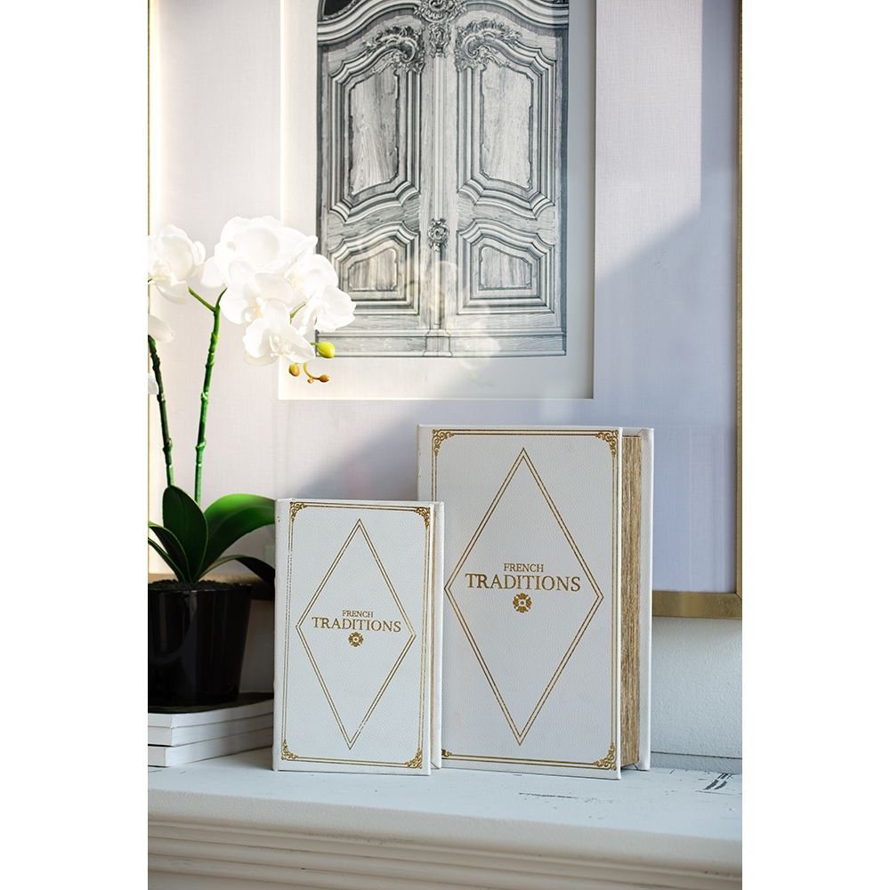 Book Boxes Set of 2 with Faux Leather Covers - White / Gold