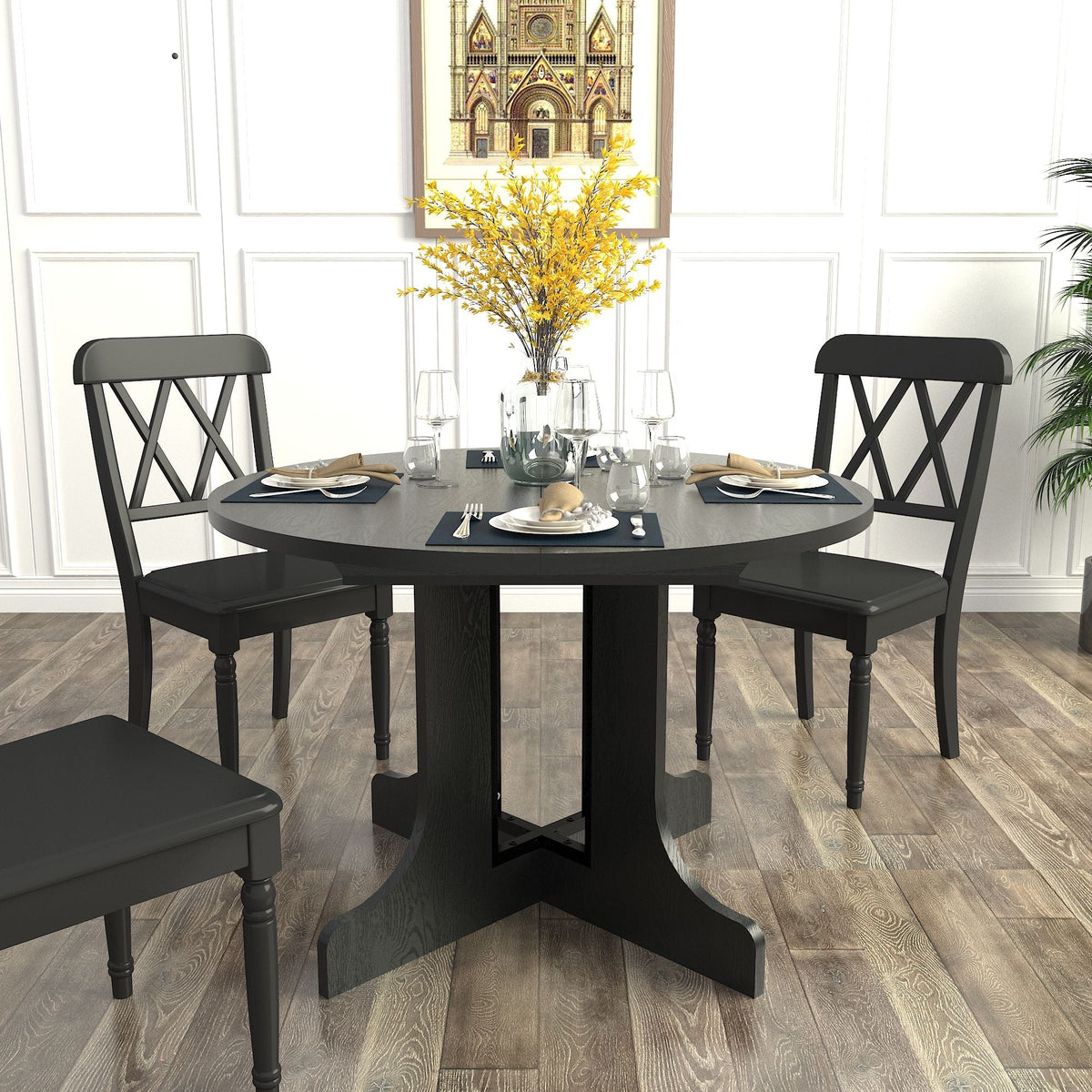 Expandable Oval Farmhouse Dining Table with Removable Leaf and X-Shaped Base - Black