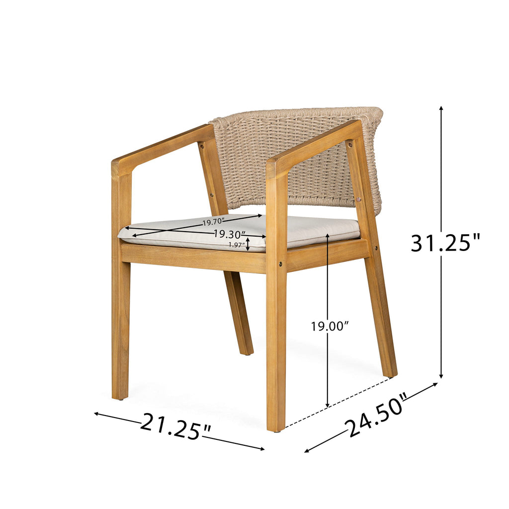 Light Teak Patio Dining Chair Set of 2 with Rope-Design Backrest - Outdoor