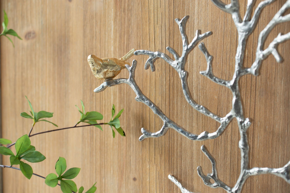 Metal Branch Wall Sculptures with Bird Accents - Silver Multi