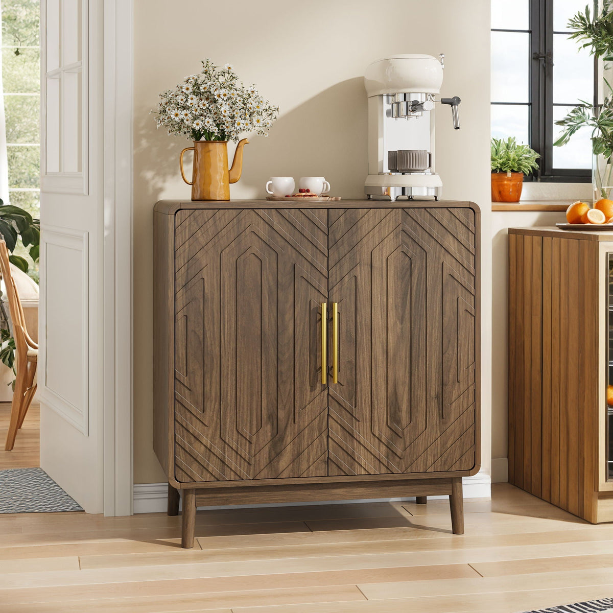 Sideboard Buffet Cabinet with Carved Doors and Adjustable Shelf - Dark Brown