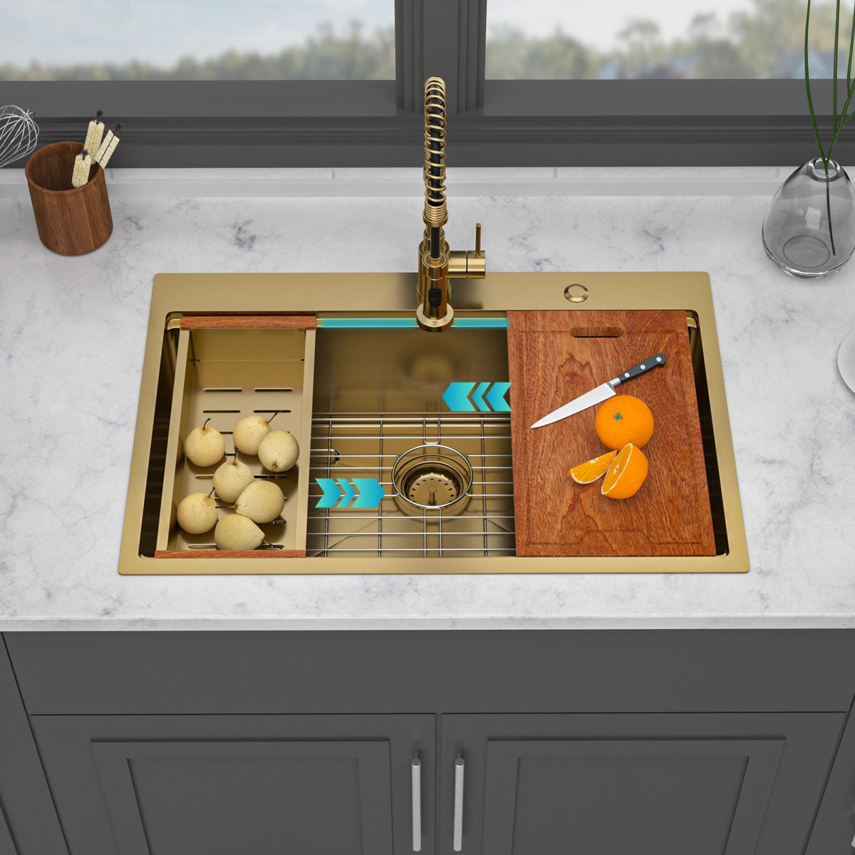 Stainless Steel Drop In Kitchen Sink with Workstation - Gray or Gold