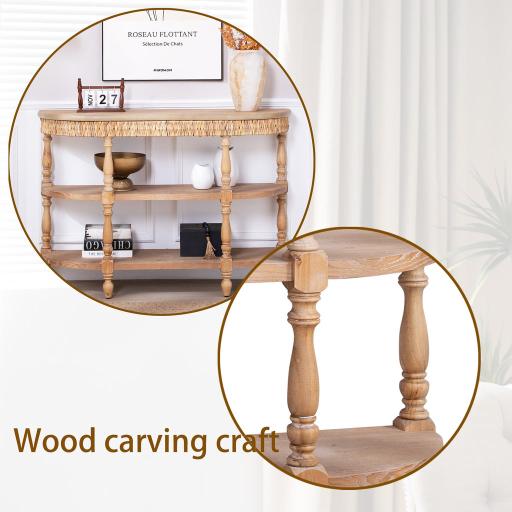 Handcrafted Wood Console Table with Hand-Woven Trim - Natural