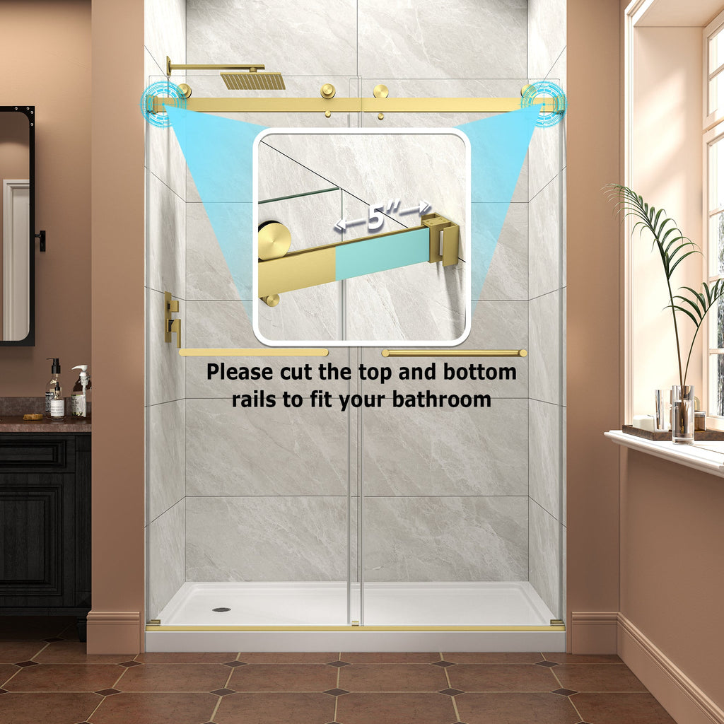 Brushed Gold Frameless Shower Door with Adjustable Width - 60" W x 76" H
