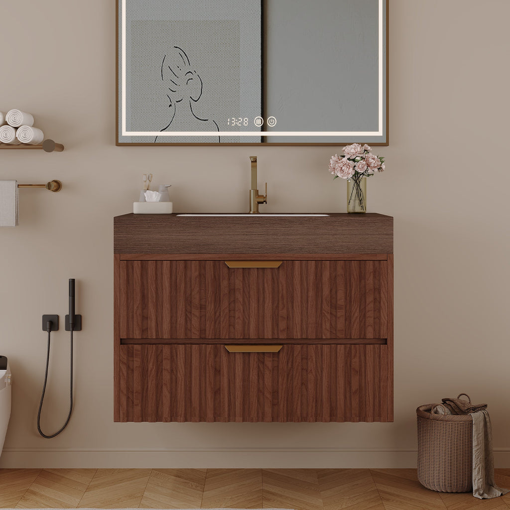 30" Modern Floating Bathroom Vanity with Seamless Sintered Stone Top - Walnut, White or Brown, Walnut