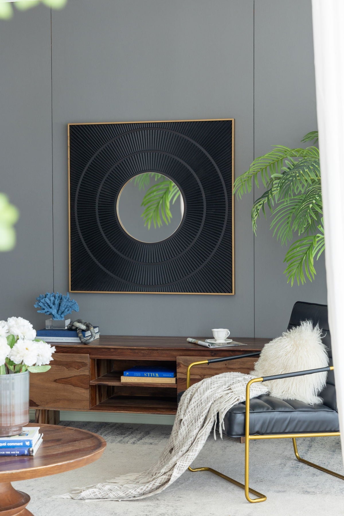 Square Carved Mirror with Pleated Design and Iron Frame - Black or Dark Brown