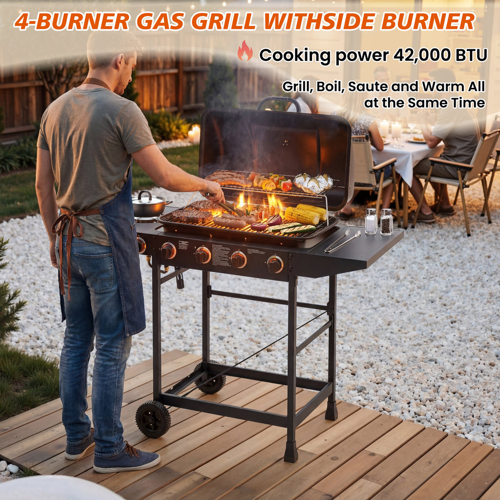 4 Burner Propane Gas BBQ Grill with Side Burner - Black