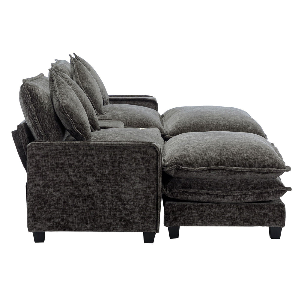 Modern Sectional Sofa with Removable Ottomans, USB Ports - Dark Gray or Light Blue