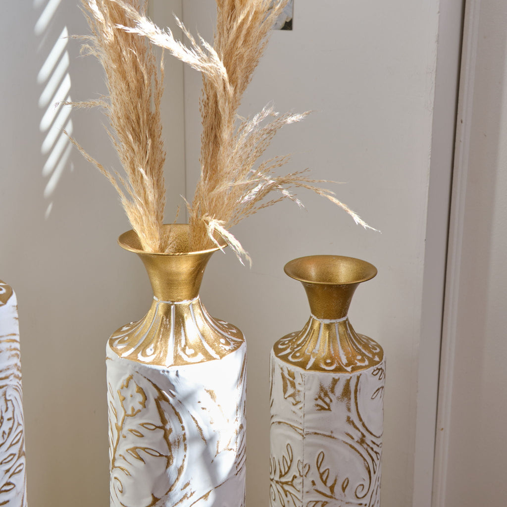 White / Gold Metal Floor Vases Set of 3 with Durable Modern Design