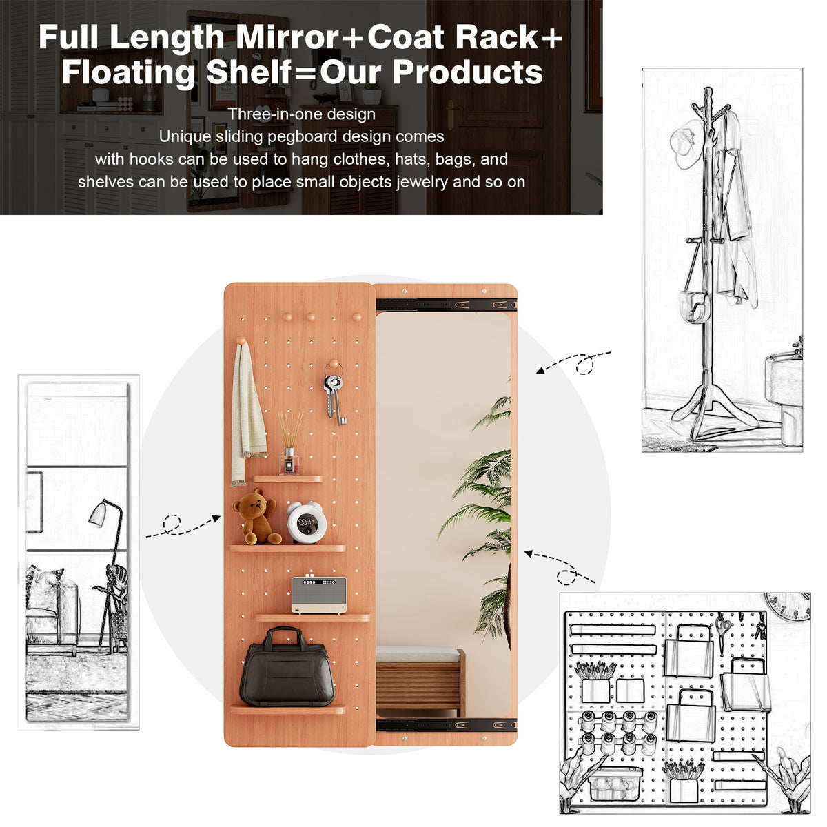 Full Length Wall Mounted Mirror with Shelf and Hook - Dark Brown, White, or Light Brown