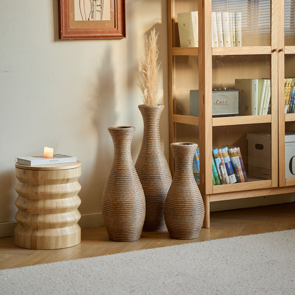 3 Piece Artificial Rattan Floor Vase Set with Modern Artistic Style - Beige
