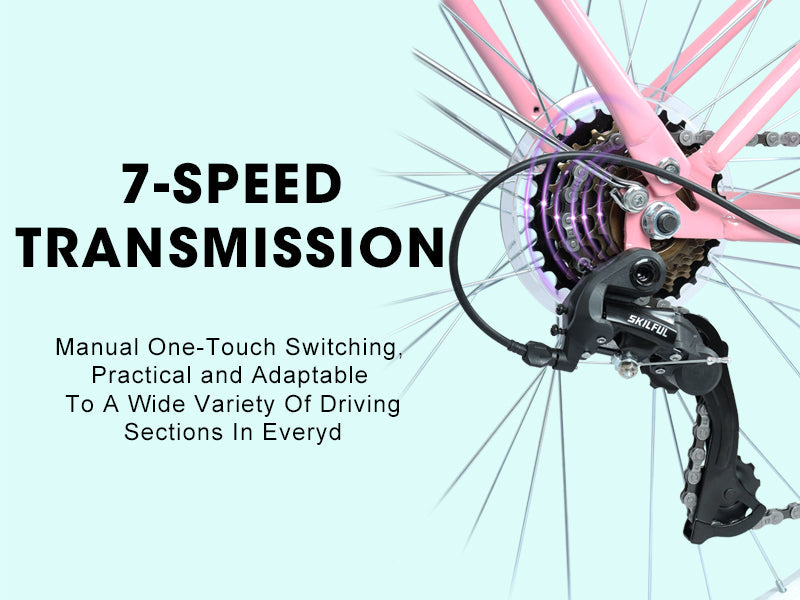 26 Inch 7-Speed City Commuter Bike with Lock & Detachable Basket - Pink