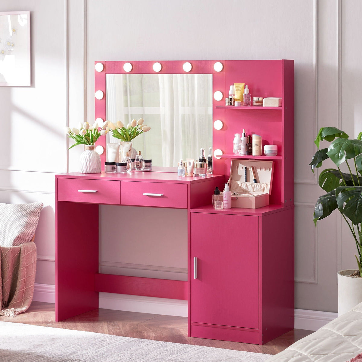Vanity Desk with Mirror and Adjustable LED Lights - Black or Pink