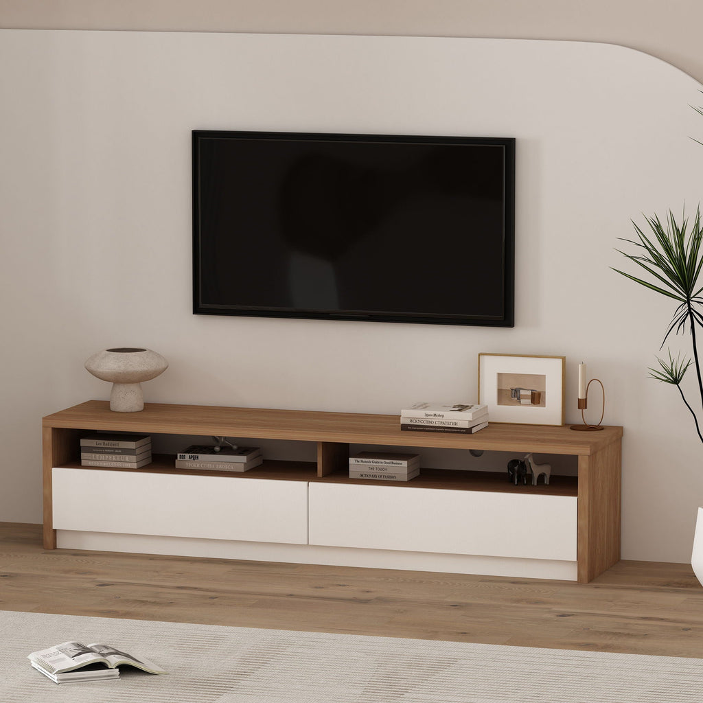 Modern 70" TV Stand with Full Extension Drawers - White or Light Brown
