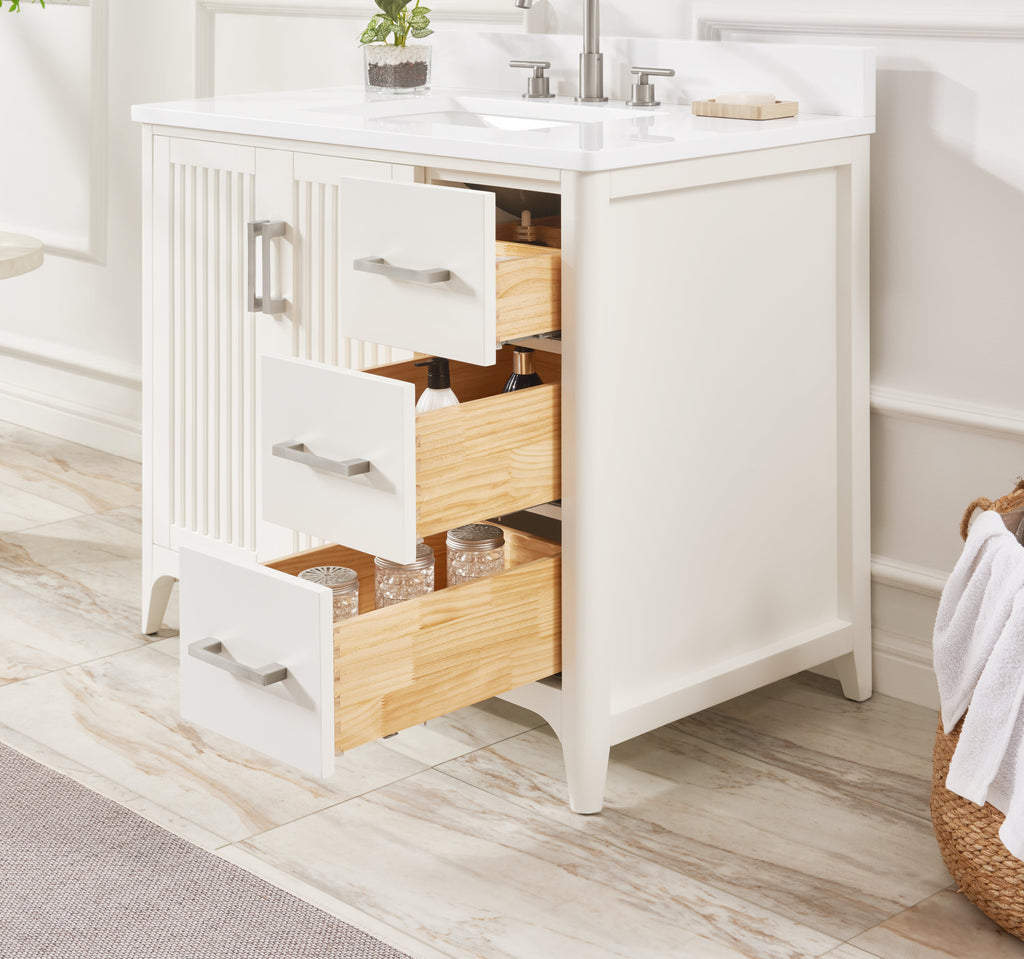 36 Inch Solid Wood Bathroom Vanity with US Power - White