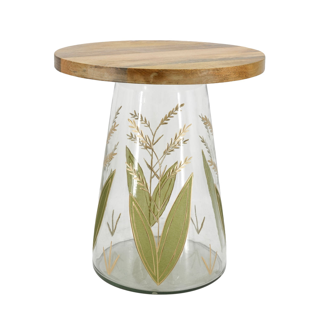 Round Glass Side Table with Hand-Painted Glass Base and Wood Top