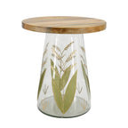 Round Glass Side Table with Hand-Painted Glass Base and Wood Top
