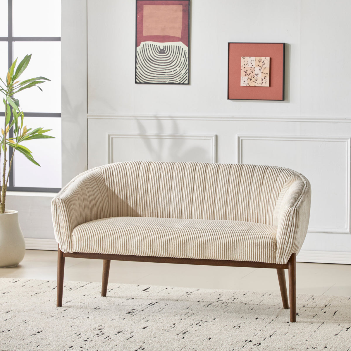 Corduroy Recessed Arm Loveseat with Channel Tufting - Beige & Walnut