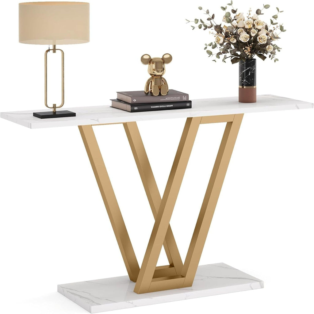 White Console Table with V Leg Frame - Gold