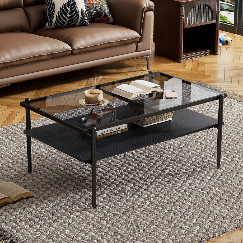 Rectangular Coffee Table with Tempered Glass Top and Metal Legs - Black, Dark Brown, or White