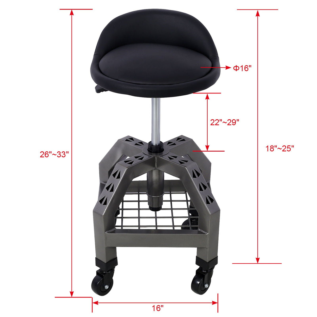 Pneumatic 360 Degree Swivel Creeper Stool with Adjustable Height - Red, Yellow, Green, Dark Gray