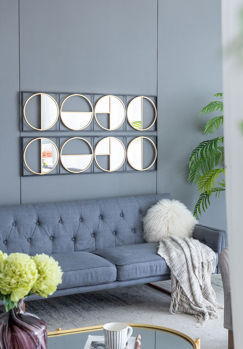 Metal Beaded Accent Mirror with Eclectic Contemporary Design - Gray
