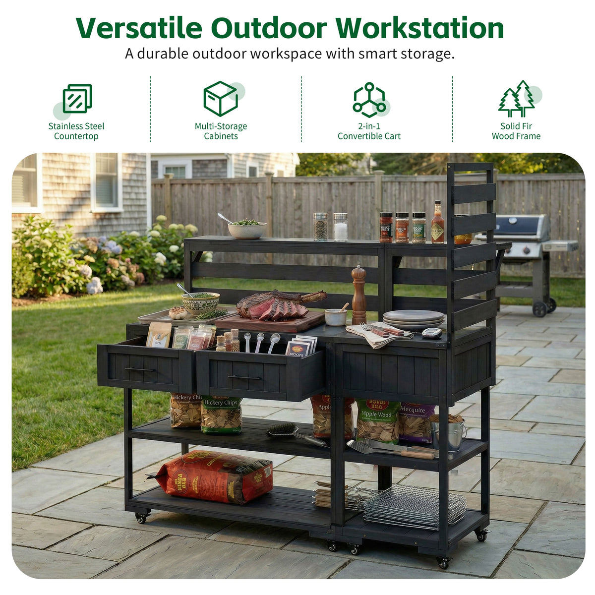 Solid Wood Patio Kitchen Island with Stainless Steel Top - Available in Black, Brown, or Gray