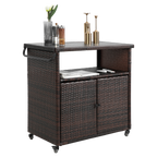Outdoor Wicker Bar Cart with Glass Top and Wheels - Light Brown