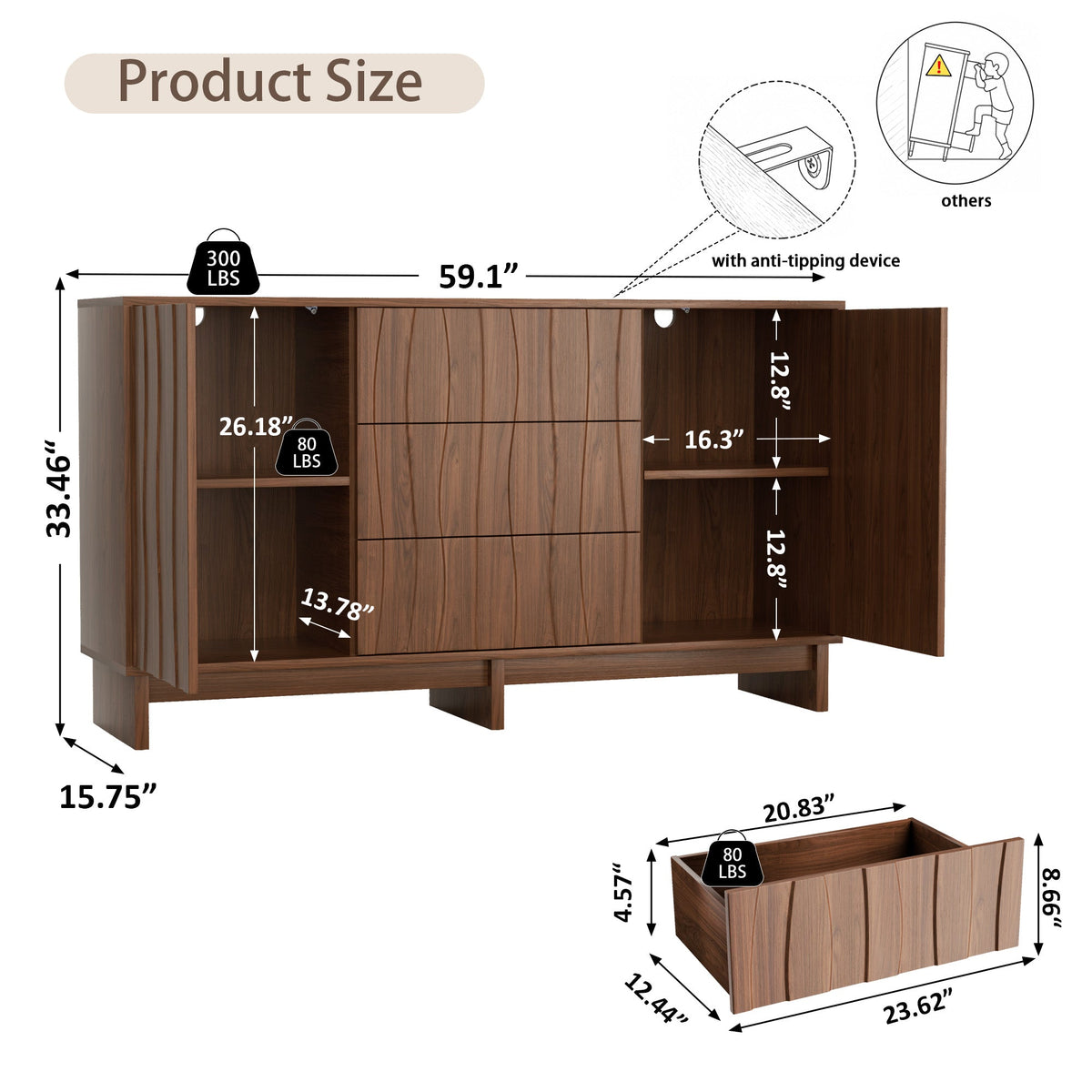 59.1" Buffet Sideboard with 2 Doors and 3 Drawers - Walnut