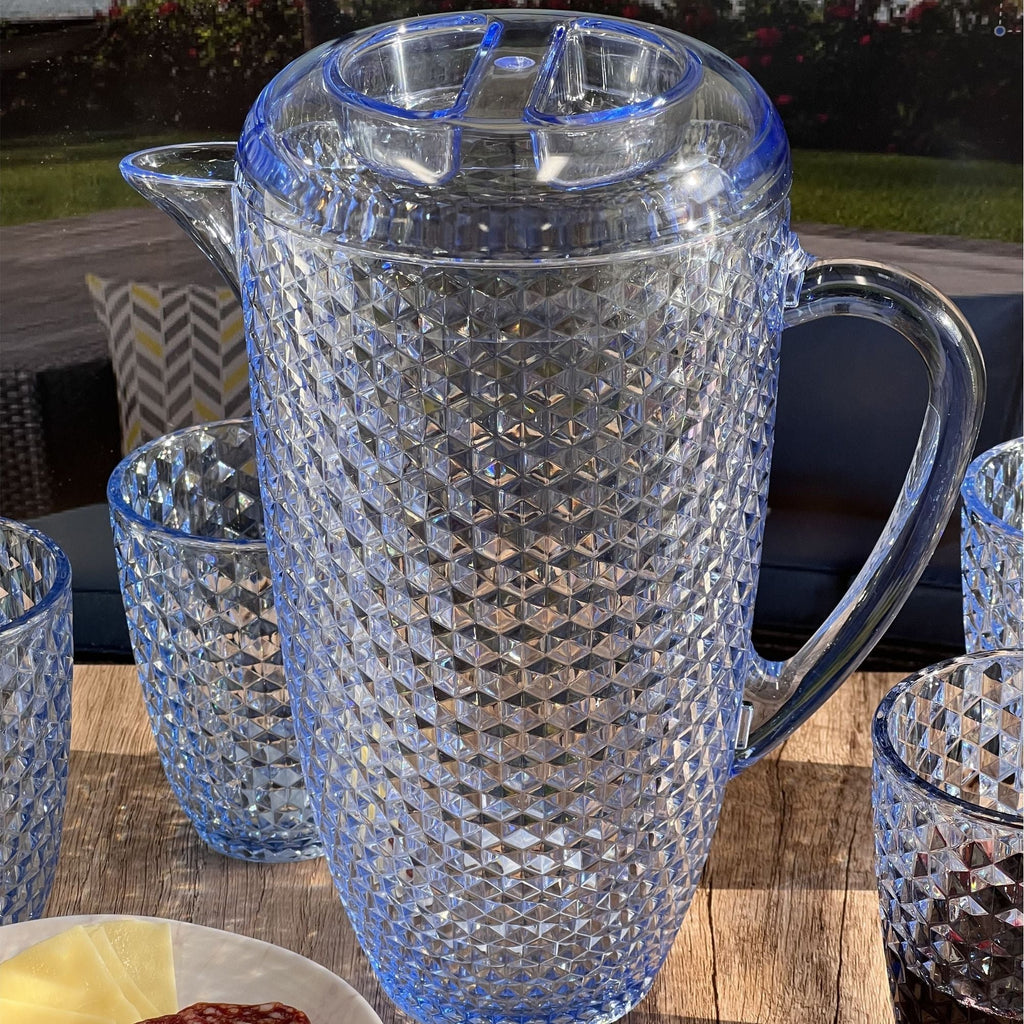 Diamond Cut Unbreakable Plastic Water Pitcher with Lid - Blue or Pink