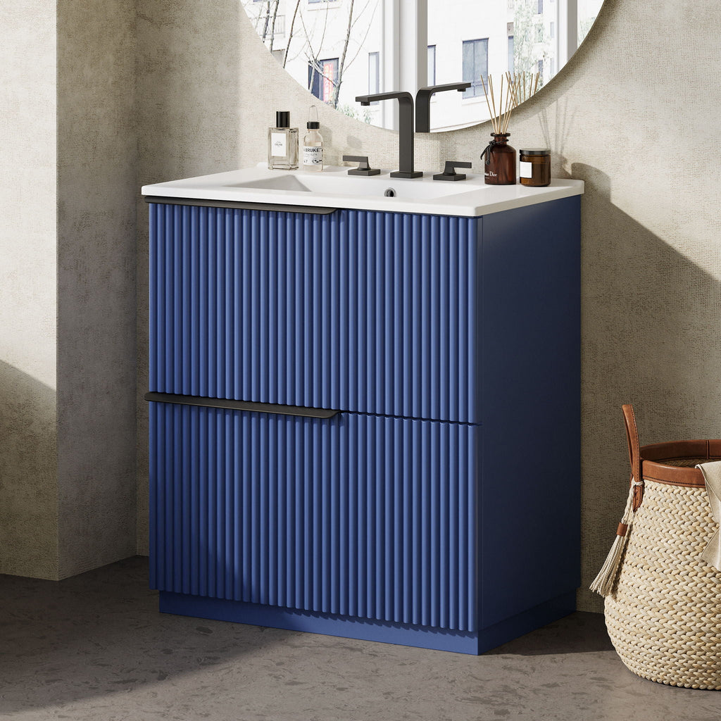 Fluted Bathroom Vanity with Ceramic Sink and Moisture-Proof Cabinet - 30" Wide