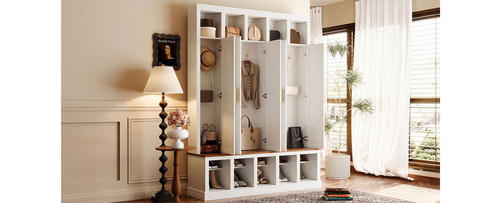 Farmhouse Entryway Storage Cabinet with Shoe Rack & Display Cubbies