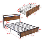 Modern Metal Platform Storage Bed with USB, LED Lights & Drawers - Black