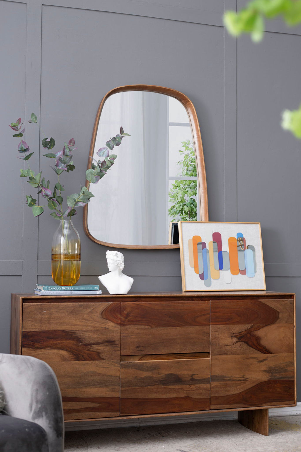 Irregular Wood Frame Wall Mirror with Curved Edges - Brown